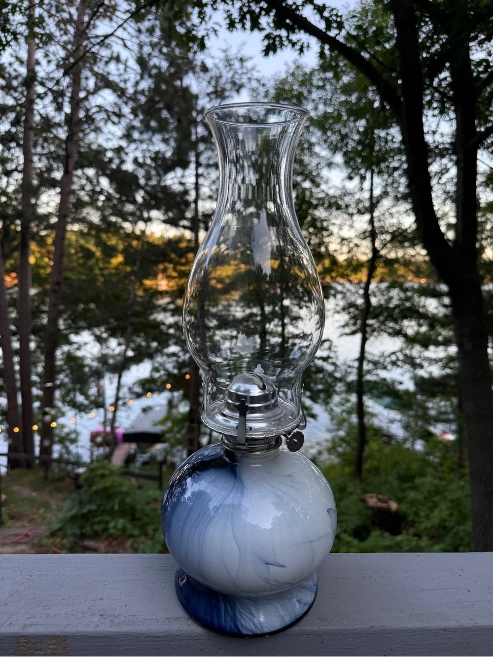Blue Swirl Hurricane Kerosene Oil Lamp Glass Marbled Prairie CottageCo Homestead